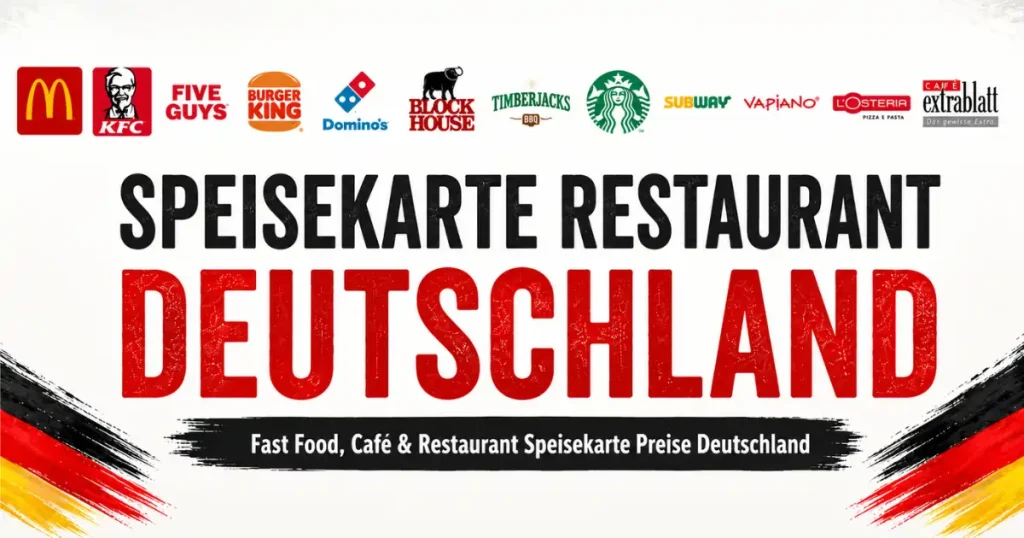 Speisekarte Restaurant Deutschland mit bekannten Fast Food, Café und Menüs